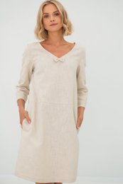 Stonewashed linen A-line dress, V-neck, three-quarter sleeves, knee-length, casual comfortable everyday wear.