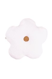Large white flower-shaped decorative pillow for kids' room, featuring a soft, plush texture and a brown center.