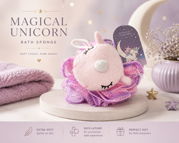 Purple pink magical unicorn bath sponge with closed eyes, soft exfoliating gloves texture, round shape