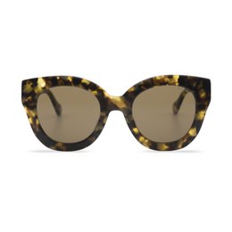  Tortoiseshell-patterned sunglasses with a rounded, oversized cat-eye frame shape.