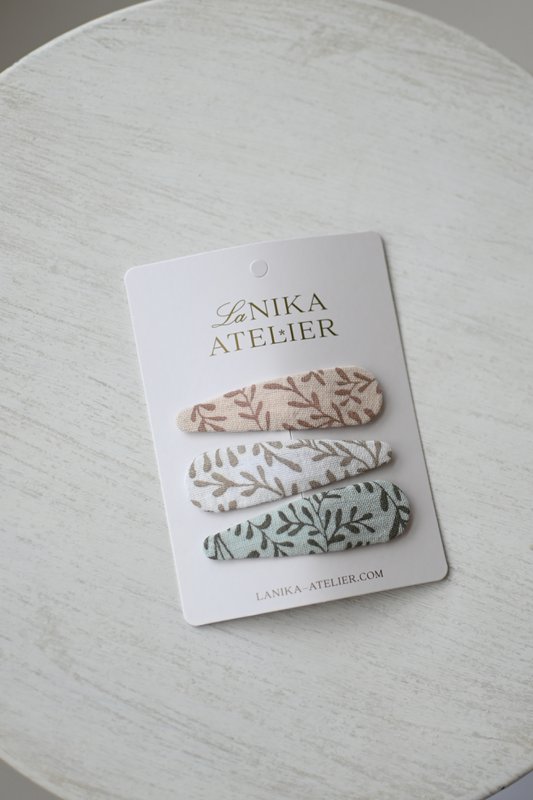 Branches Trio-Set aus Haarspangen, Druckknöpfe mit Blumenmuster in Pastellmint, Rouge und Grau