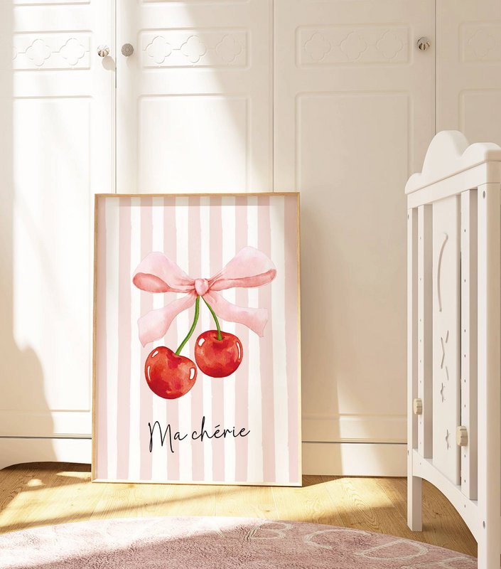 Ma Cherie print, cherry poster, cherry bow poster, Coquette print, pink girls room poster, girls nursery poster