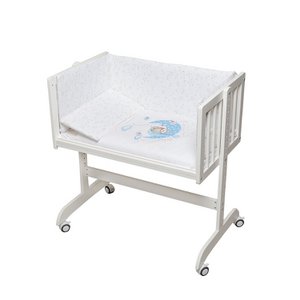 CRIB IN WHITE BEECH MINANA + BEDDING + GARMENT + MATTRESS - MOD. BEAR SLEEPING - BLUE
