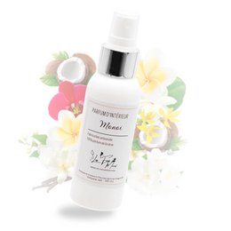 White spray bottle monoi room fragrance with floral botanical elements, tropical scent diffuser