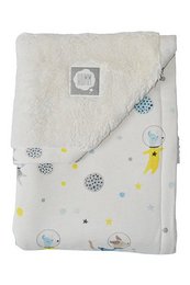 Soft, plush crib blanket with moon and star pattern in shades of blue and yellow. Suitable for baby nursery decor.