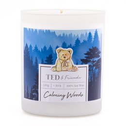 Calming Woods scented candle - 220g. Soy wax candle with a blend of woody and earthy scents, evoking a peaceful forest atmosphere.