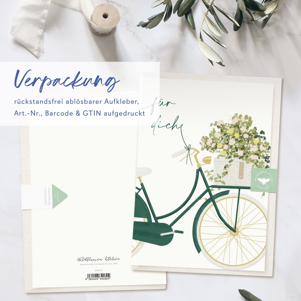 Klappkarte 'für dich' grünes Fahrrad mit Blumen, inkl. Umschlag