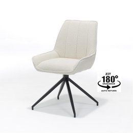  Upholstered dining chair with a fabric teddy ecru seat and a turnet black base. The chair features a modern, swivel design with a 180-degree rotation.