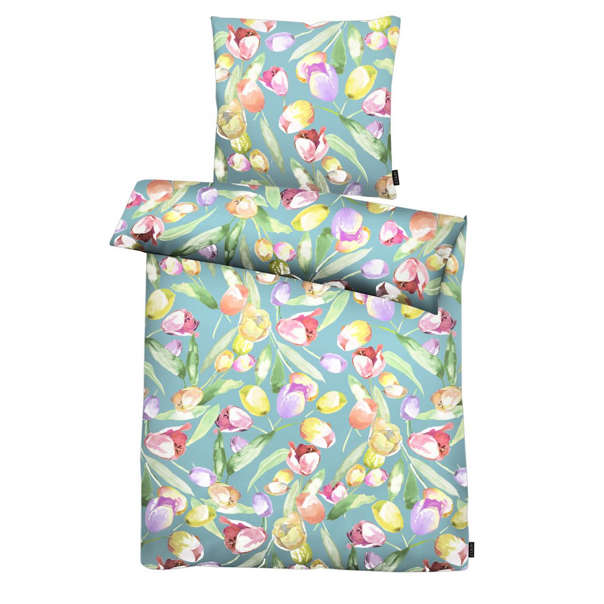 Komplet pościeli - G135x200 - turkusowy / różowy / zielony / żółty - Tulipan GOTS