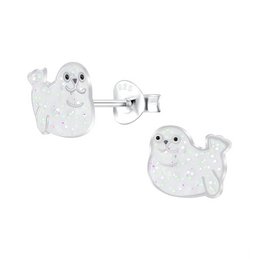 Sterling silver stud earrings in the shape of cute ghost designs, suitable for kids' jewelry. The earrings feature a simple, minimalist style with a polished finish.