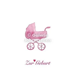 Watercolor card birth | Stroller Pink | Red heart
