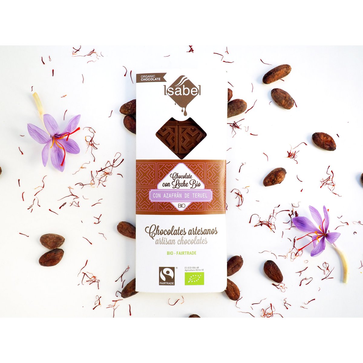 TABLETA BIO: Chocolate con Leche y Azafrán de Teruel (caja de 10 unidades de 80g)