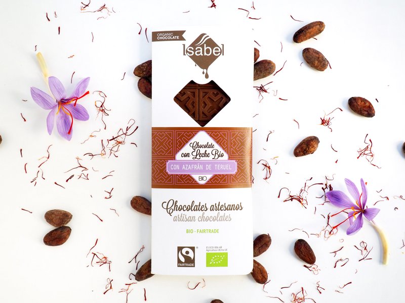 TABLETA BIO: Chocolate con Leche y Azafrán de Teruel (caja de 10 unidades de 80g)