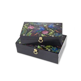  A set of 2 black jewelry boxes with a vibrant floral and butterfly design, measuring 32x20x10 (30x18x7) cm.