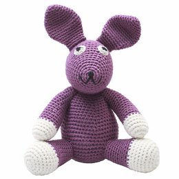 A plush, crocheted dark purple rabbit with large ears and a cute, friendly expression. The rabbit has a soft, textured appearance and appears to be handmade.