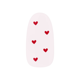 Pink oval nail polish with red heart designs scattered across nails.