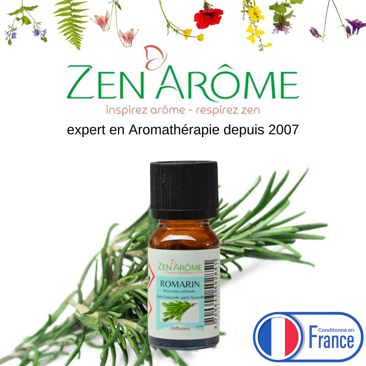 Etherische olie - Rozemarijn - 10 ml - Gebruik voor diffusie - Verpakt in Frankrijk