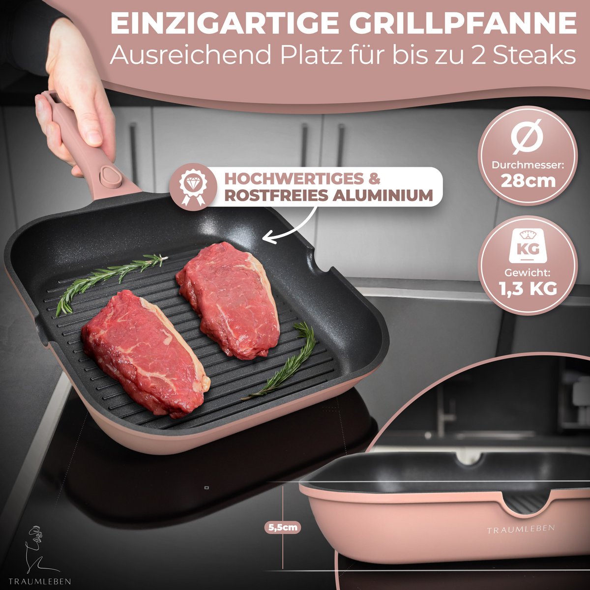 Grill Pan 28 cm, rivestimento non -stick, maniglie rimovibili, induzione, festival del forno (rosa)
