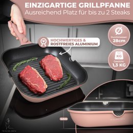 Grill Pan 28 cm, ikke -stick coating, aftagelige håndtag, induktion, ovnfestival (lyserød)