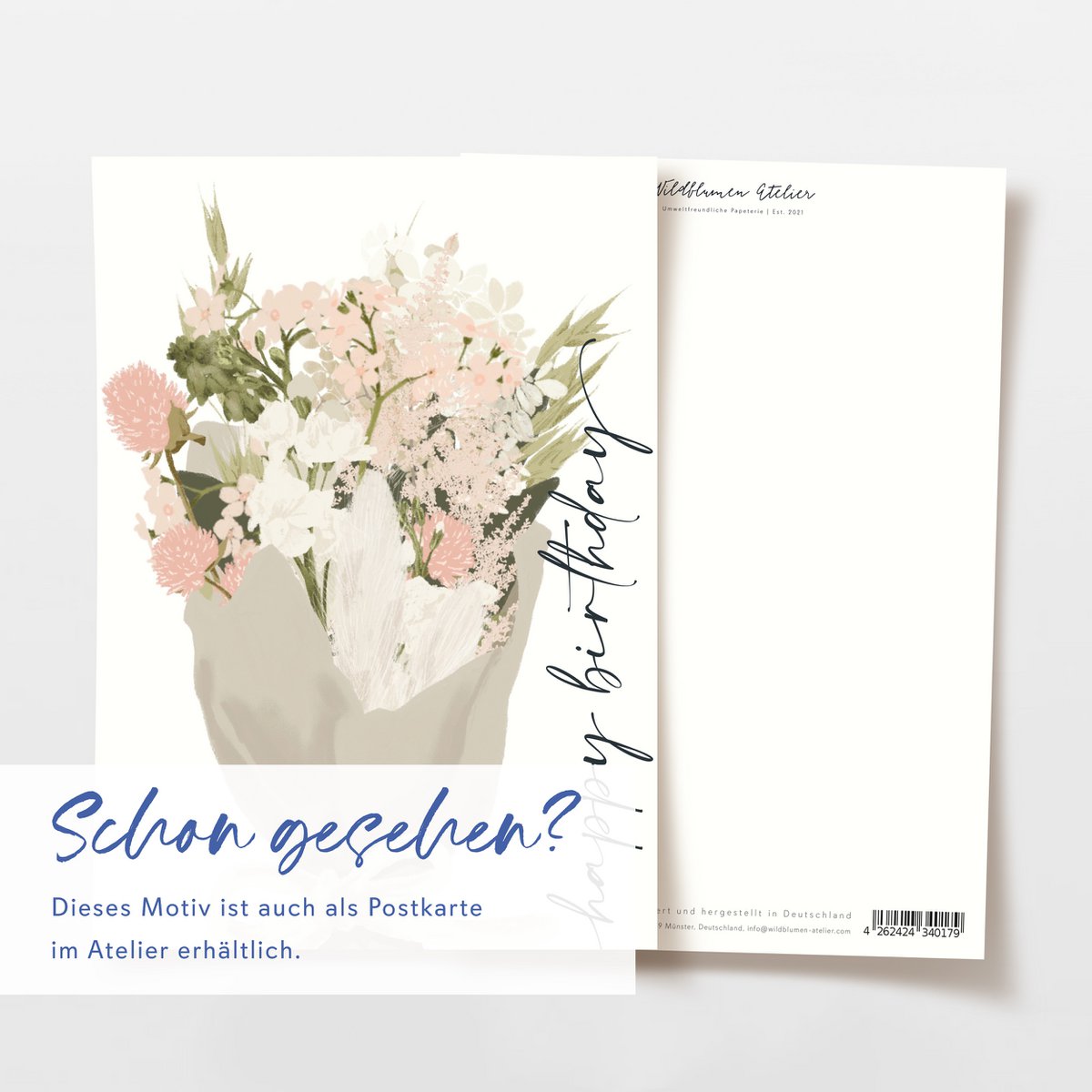 Foldekort 'happy birthday' med lyserøde blomster, inklusive kuvert