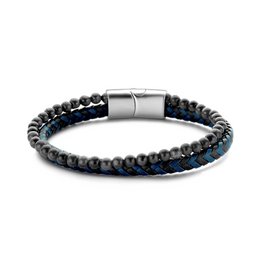 Frank 1967 7FB-0544 Leren Armband - Heren - 2 Strengen - Gevlochten Leer - Zwart Hematiet Kralen - 4 mm Doorsnee - Leder - 21 cm - Extra Schakel in Slot - Donker Blauw - Zwart - Zilverkleurig