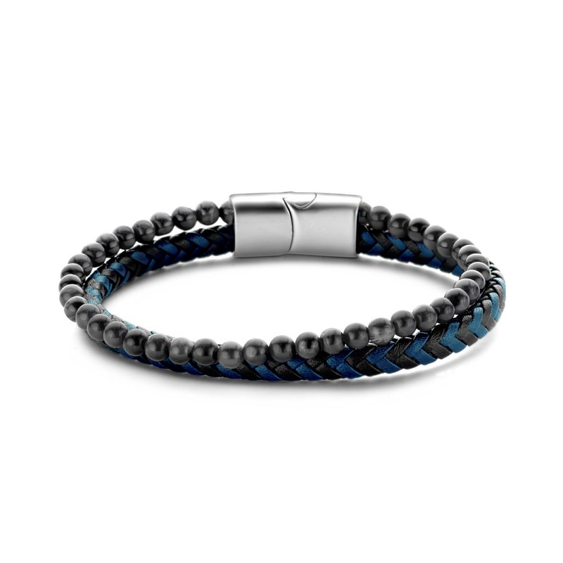 Frank 1967 7FB-0544 Leren Armband - Heren - 2 Strengen - Gevlochten Leer - Zwart Hematiet Kralen - 4 mm Doorsnee - Leder - 21 cm - Extra Schakel in Slot - Donker Blauw - Zwart - Zilverkleurig