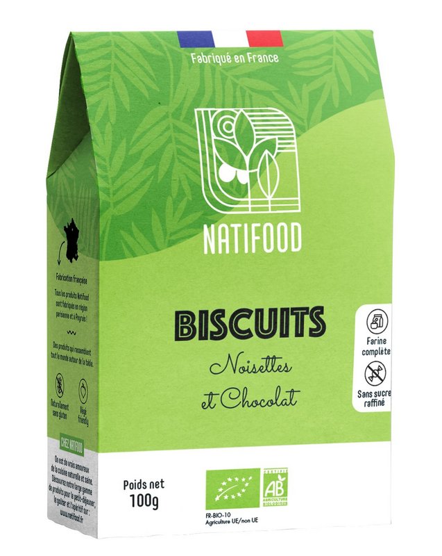 Biologische hazelnoot- en chocoladekoekjes 100g