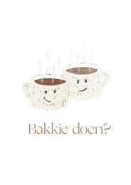 Whimsical coffee cups with text "Bakkie doen?" in a playful, illustrated style.