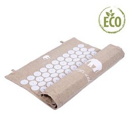 Eco-friendly beige yoga mat with white circular patterns, suitable for yoga and other fitness activities.
