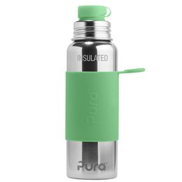 Stainless steel insulated sports bottle with a green silicone sleeve, designed for kids. The bottle holds 650 ml and features a leak-proof lid.