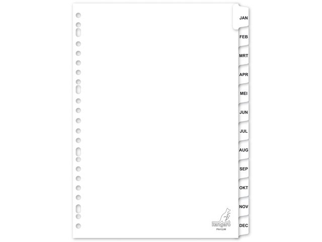 Tabblad Kangaro A4 letters karton 180grs 23r. 12dlg wit jan-dec