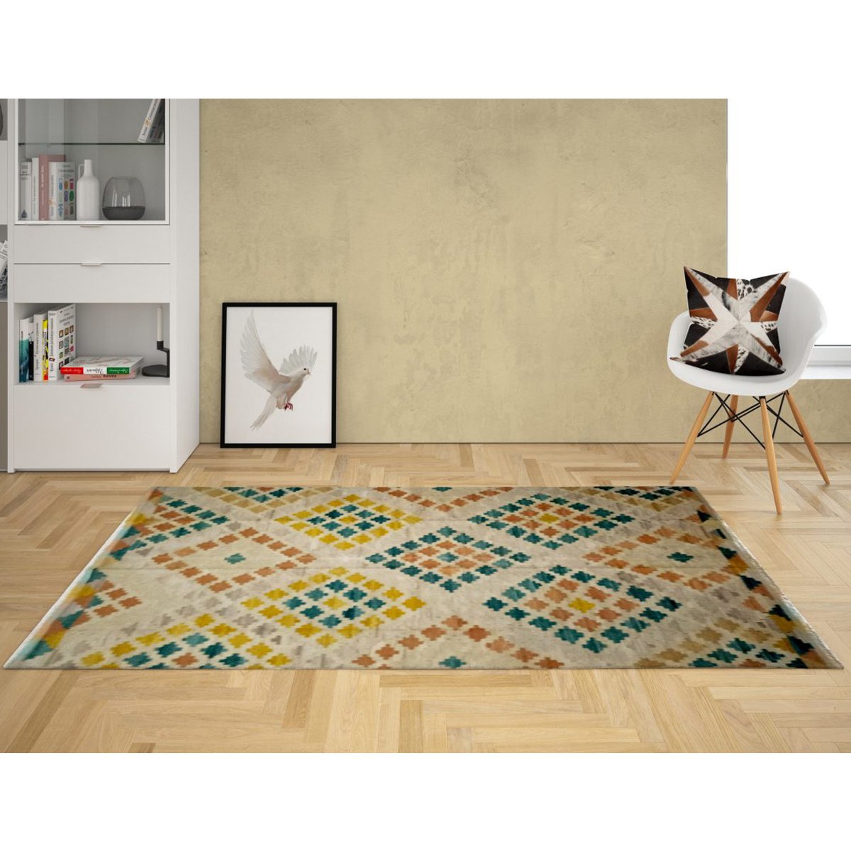 Alfombra Kilim de arrecife de coral hecha a mano