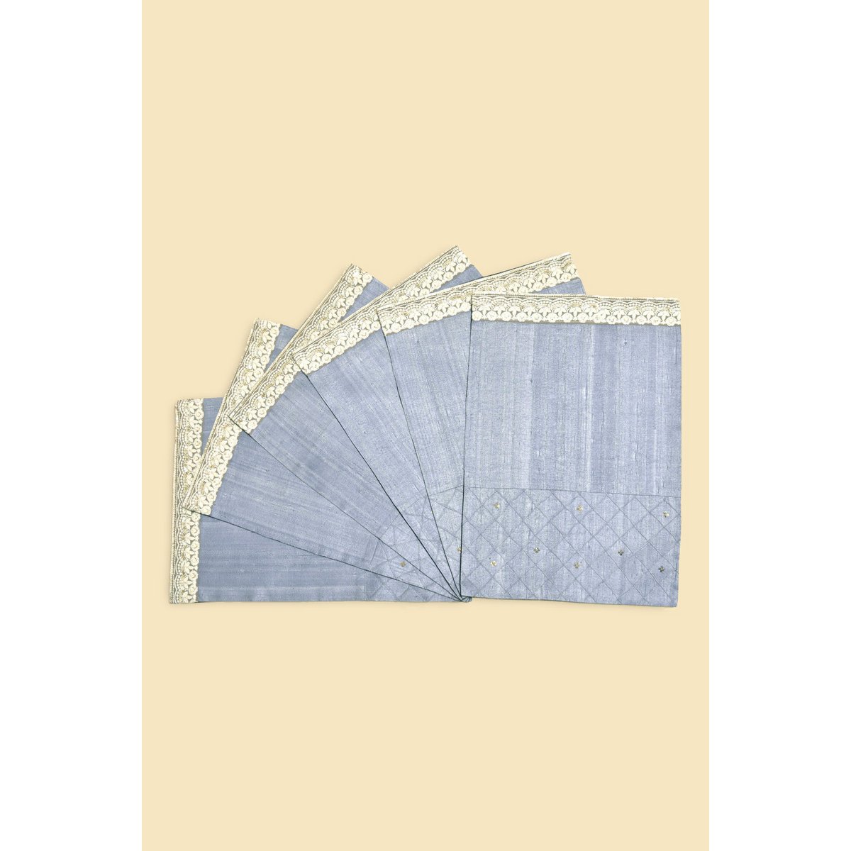 Dupion Silk Hand-Embroidered Table Runner With 6 Table Mats - Blue