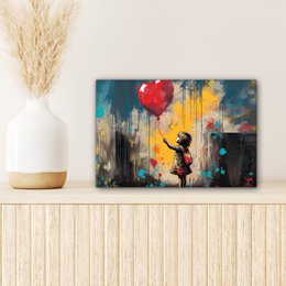 Canvas schilderij  - Wanddecoratie Meisje - Ballon - Hart - Graffiti - Muurdecoratie woonkamer - Slaapkamer decoratie - Kamer accessoires - Schilderijen op canvas
