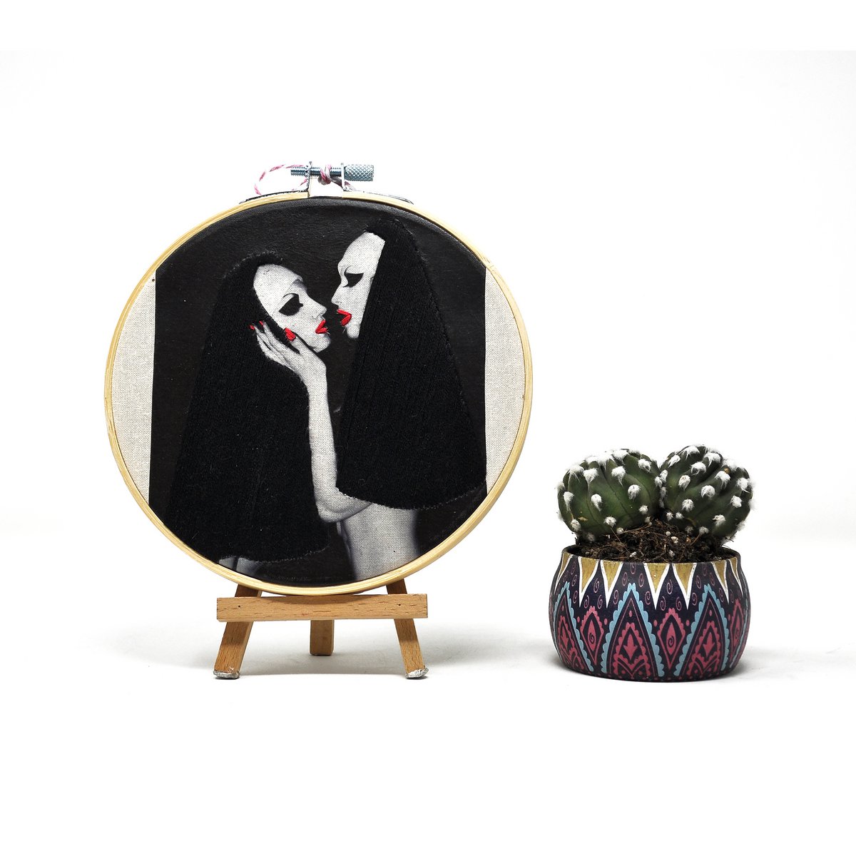 Handmade Embroidery Hoop Wall Art - Rebel nuns - Textile Wall Decoration (15cm)