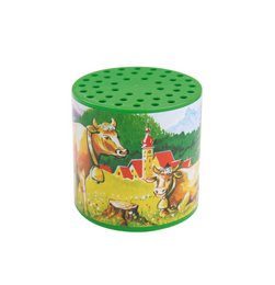 A round, green toy box with a colorful illustration of farm animals including a cow, horse, and rabbit. The box is labeled "MEUH BOX Cow - The Original - Made in Germany - Yesterday's Toy - My Little Gift" indicating it is a baby music toy.