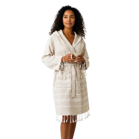 Hooded Bathrobe with Fringes in Cotton - Beige - One Size - Paraguay