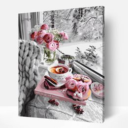  Pink roses, tea cup, winter aesthetic, cozy floral design, craft kit canvas art