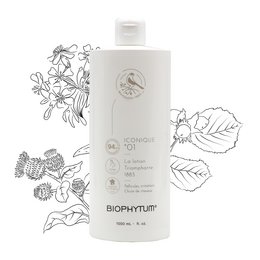 White bottle with floral design, containing a facial mask product called "ICONIQUE 01 La Lotion Triomphante 1883 refill" from the Biophytum brand.
