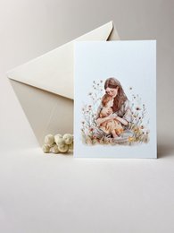 Mother's Day card featuring a woman with long brown hair sitting in a field of flowers, holding a small child. The card is suitable for celebrating the bond between a mother and daughter or an aunt and niece.