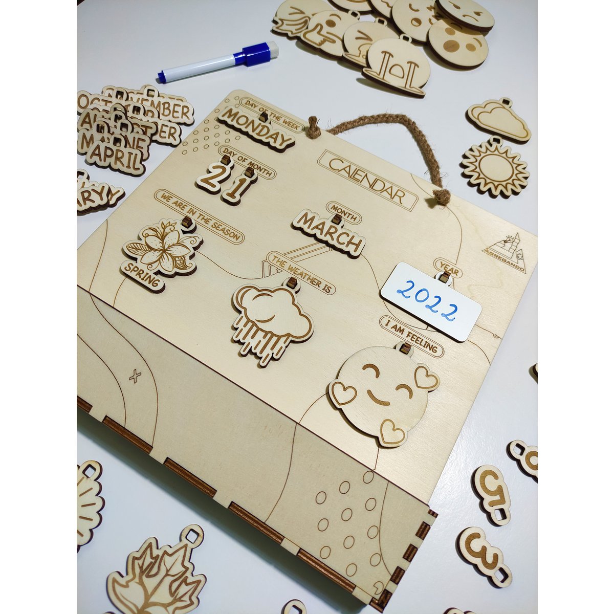 Calendario perpetuo de madera, rastreador de tiempo y clima, regalo Montessori para niños