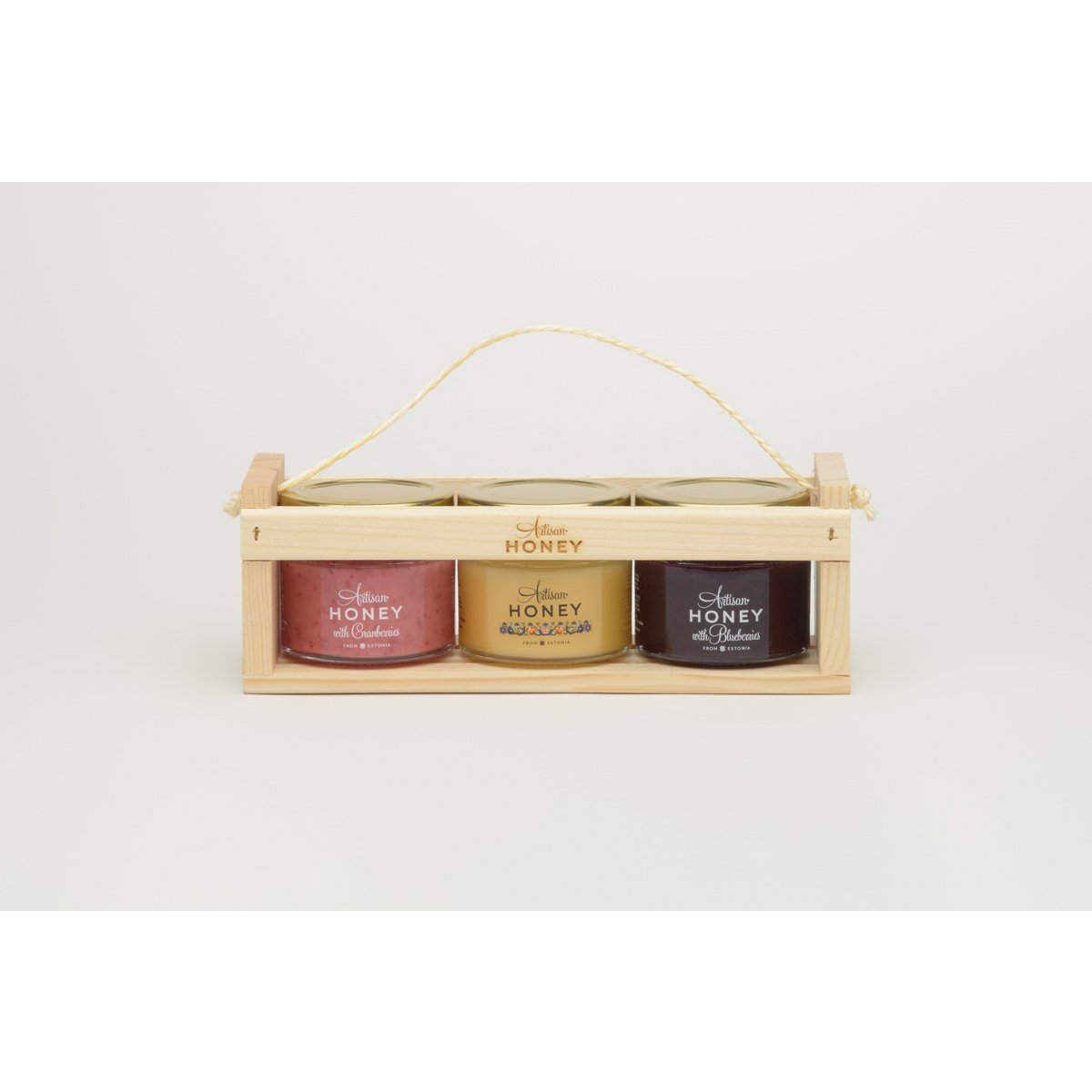 3x100 g package: blossom honey, honey with blueberries, honey with cranberries