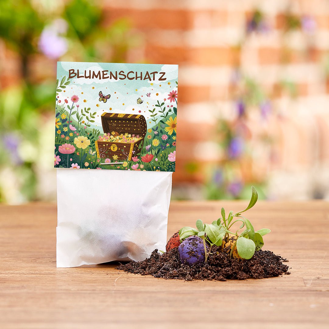 5er Blumenmurmeln im Pergaminbeutel - "Blumenschatz"