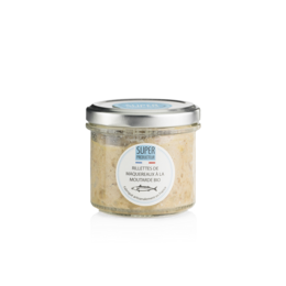 Organic mackerel rillettes with mustard, a savory and flavorful spread made from mackerel, mustard, and other natural ingredients. Suitable for a variety of uses such as on toast, crackers, or as a dip.