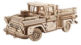 Wooden pickup truck model, vintage lumberjack style, natural wood color, detailed craft kit, collectible vehicle.