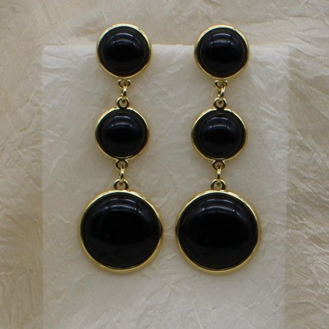 Three Circle Gemstones Drop Earring - Black Agate
