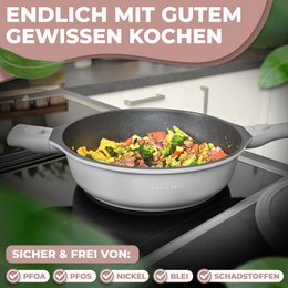 Bratpfanne 28 cm, Antihaftbeschichtung, abnehmbare Griffe, Induktion, backofenfest (grau)