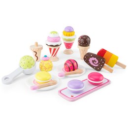 A colorful and playful ice cream set with various scoops, cones, and toppings made of wood and plastic. Includes different shapes, colors, and textures to encourage imaginative play.