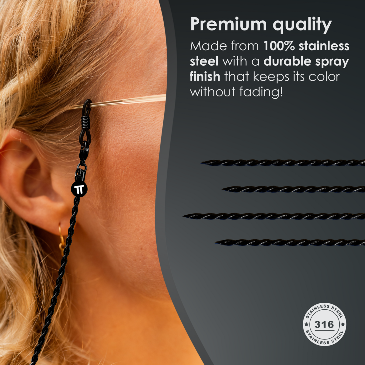 Glasses Cord Woven Black — 100% Stainless Steel & Unisex Eyewear Cords for Women and Men — Glasses Chain with Extra Loops — Brillenkoord Brillenband Brillenkette Cordon de Lunettes Cordón Para Gafas