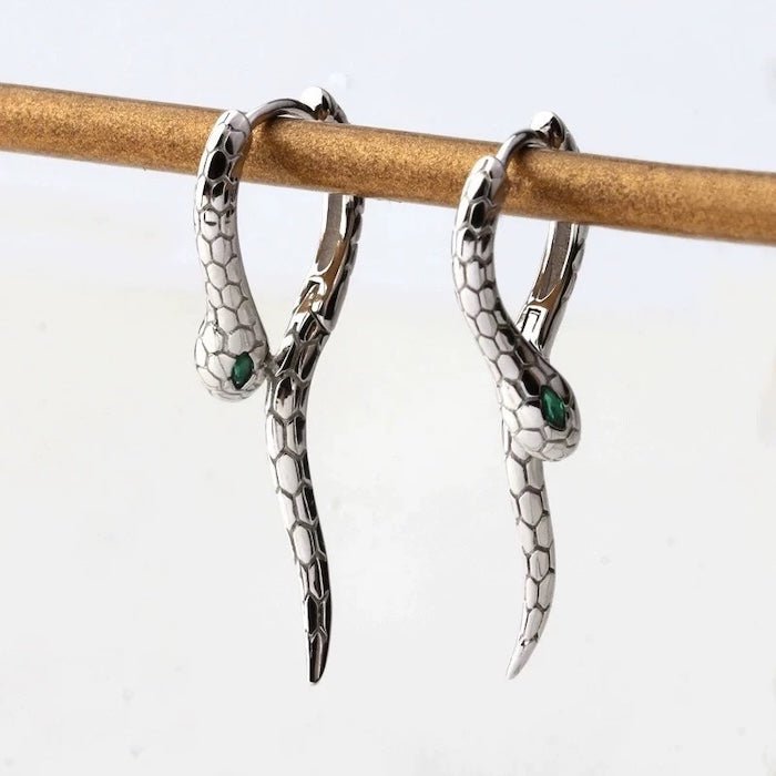 Unique Green-eye Cobra Design Earrings - Gold & Silver